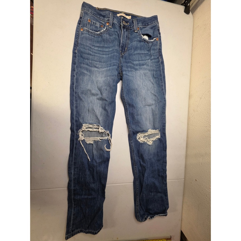 Levis Low Pro Straight Jeans Womens 25 Medium Wash Distressed Ripped Denim